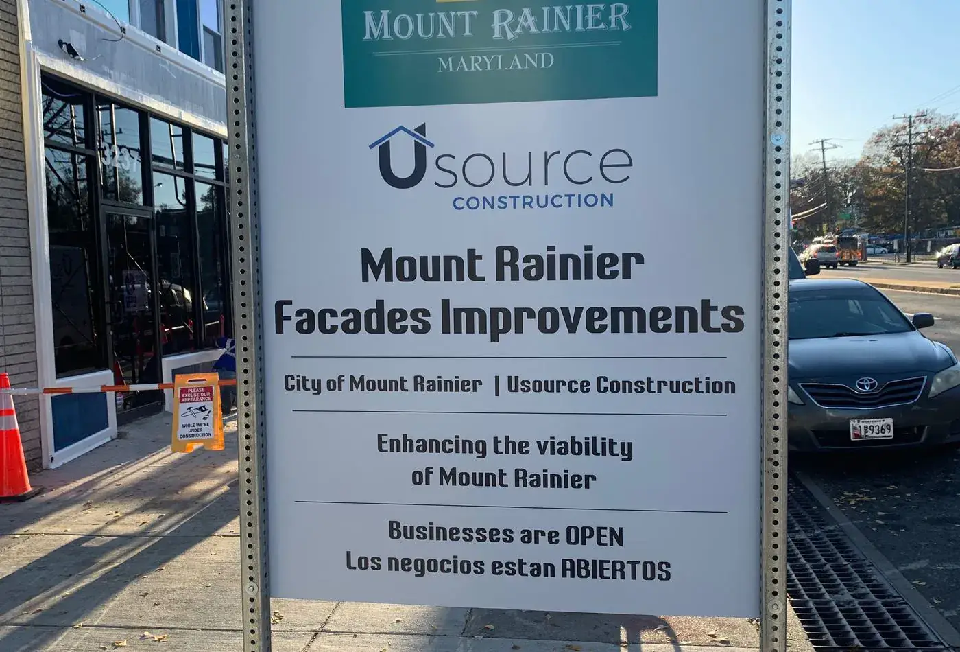 Usource Construction project sign for the City of Mount Rainier facade improvements program