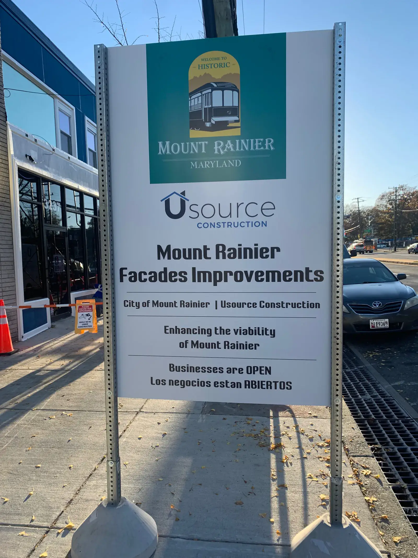 Usource Construction project sign for the Mount Rainier Facades Improvements program