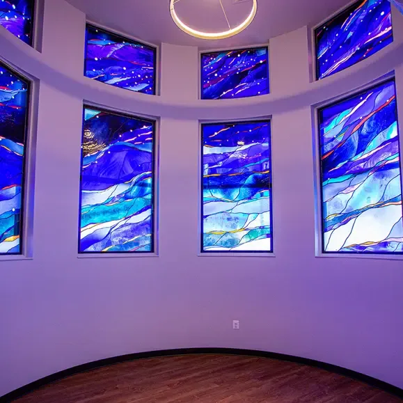 Stained glass in the restored circular room at the Festival Center