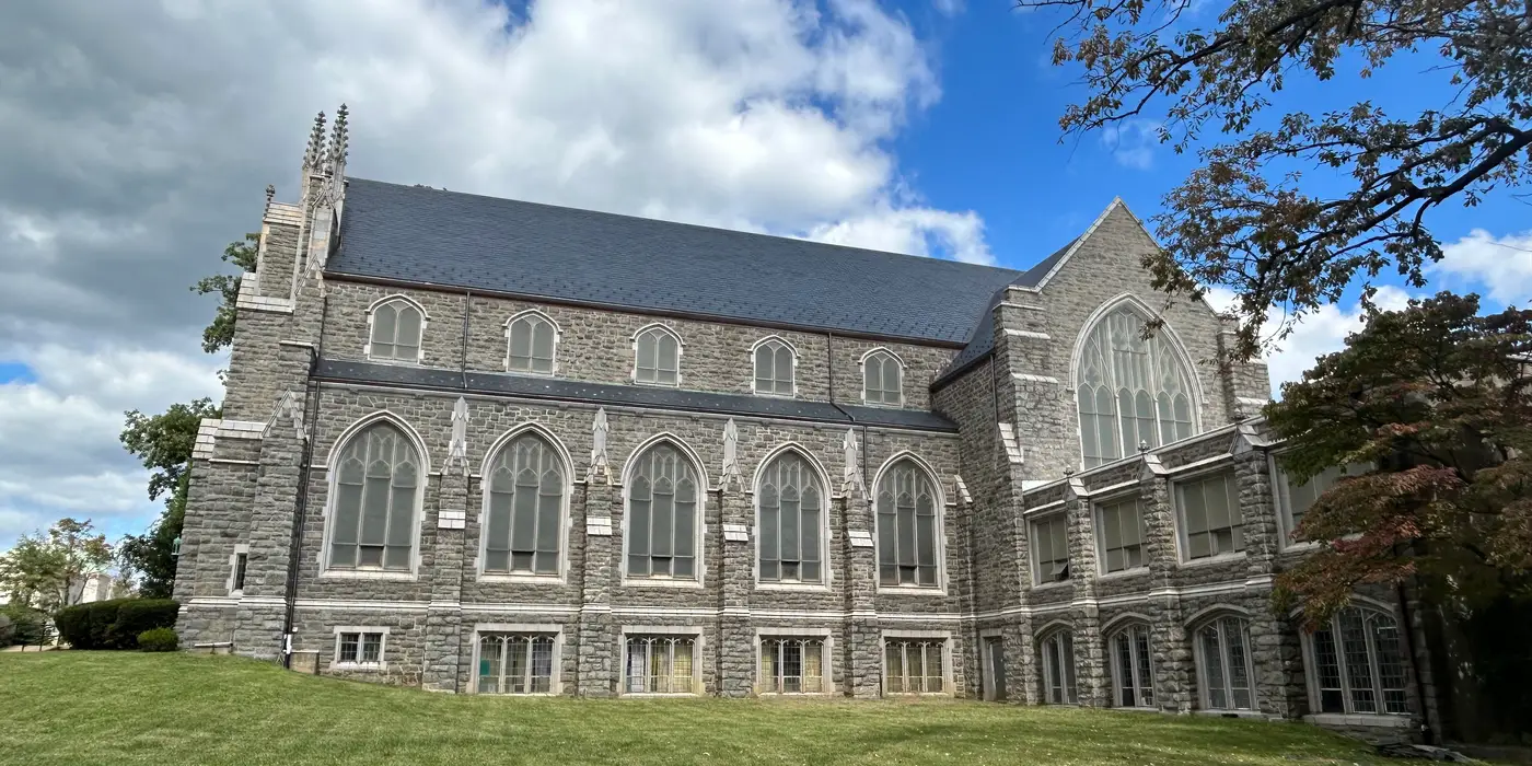 The completed slate roof on Simpson-Hamline United Methodist Church