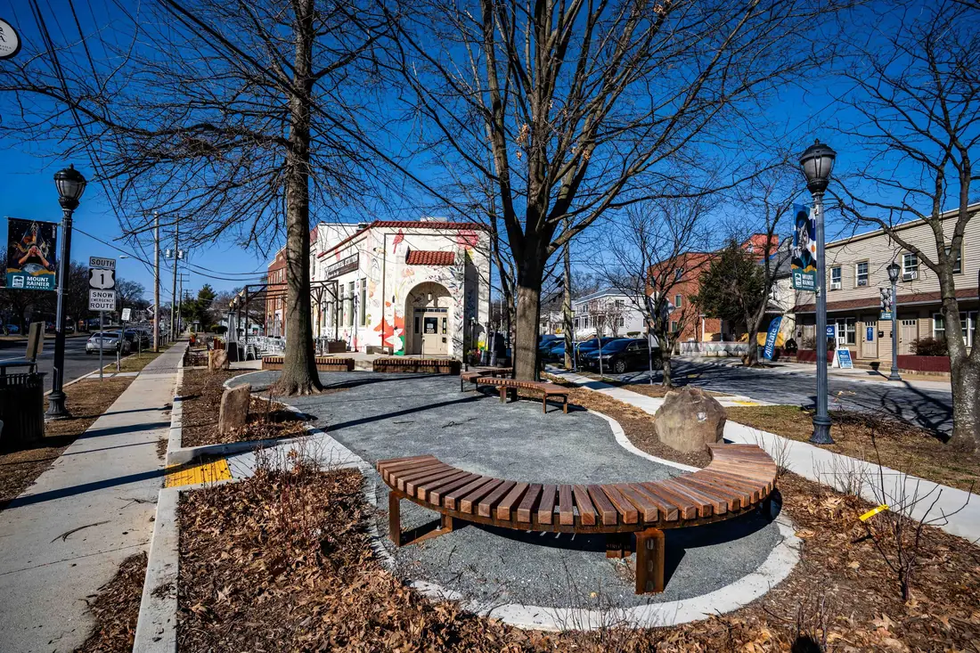Curved bench and new planting in the rebuilt Memorial Park, Mount Rainier, Maryland