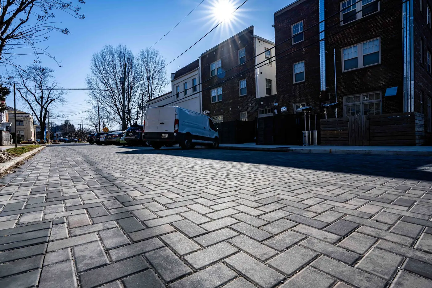 Rebuilt paver roadway and sidewalks on a municipal corridor