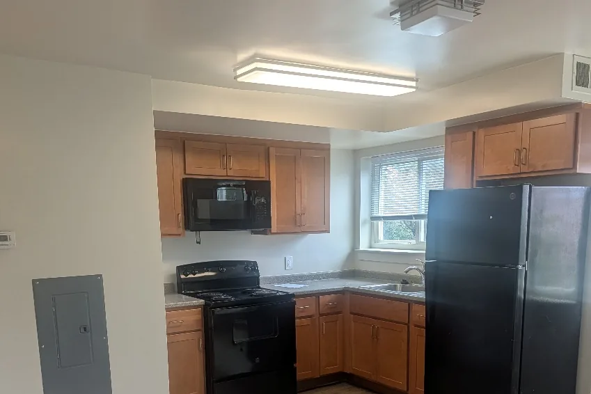 Renovated kitchen with new cabinets and appliances