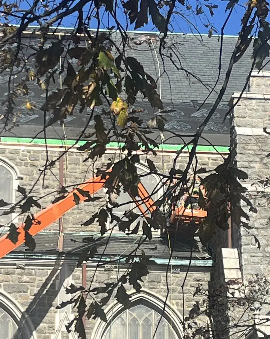 Historic stone church under restoration