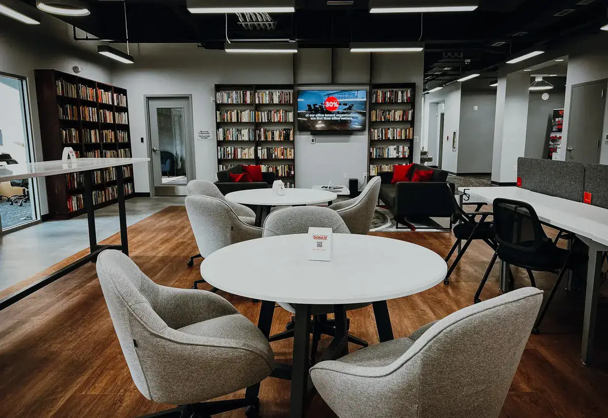 Shared workspace and library at the Festival Center, a design-build community facility
